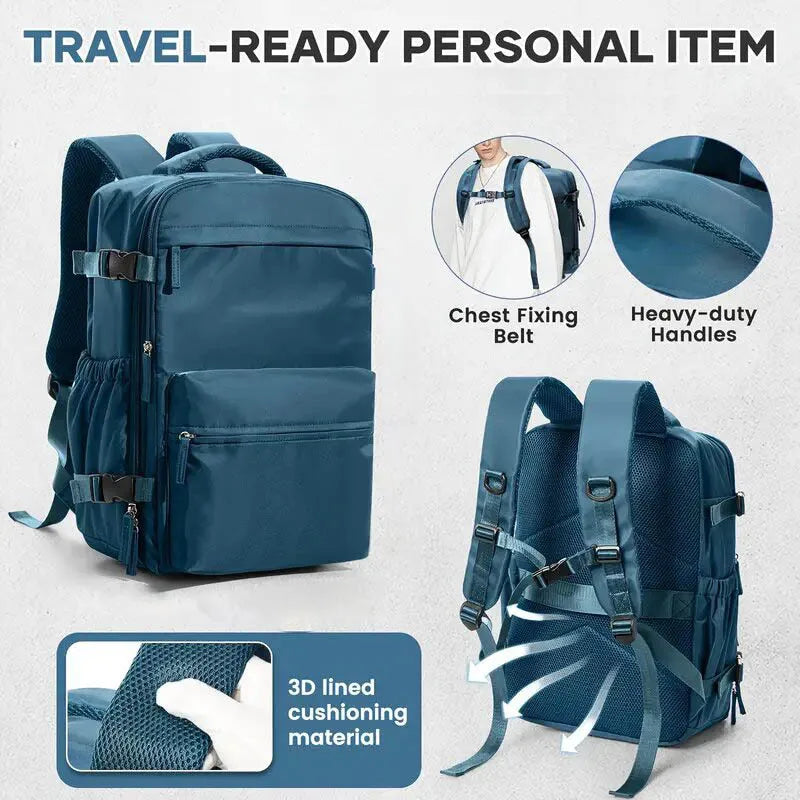 A dark blue travel backpack shown with close-ups of features like a chest fixing belt, heavy-duty handles, and 3D lined cushi