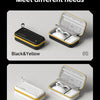 Two hard shell electronic organizer travel cases are shown in Black & Yellow and White & Yellow, with one open to display the