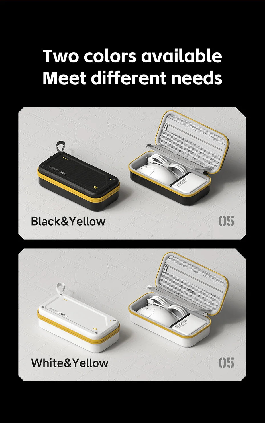 Two hard shell electronic organizer travel cases are shown in Black & Yellow and White & Yellow, with one open to display the