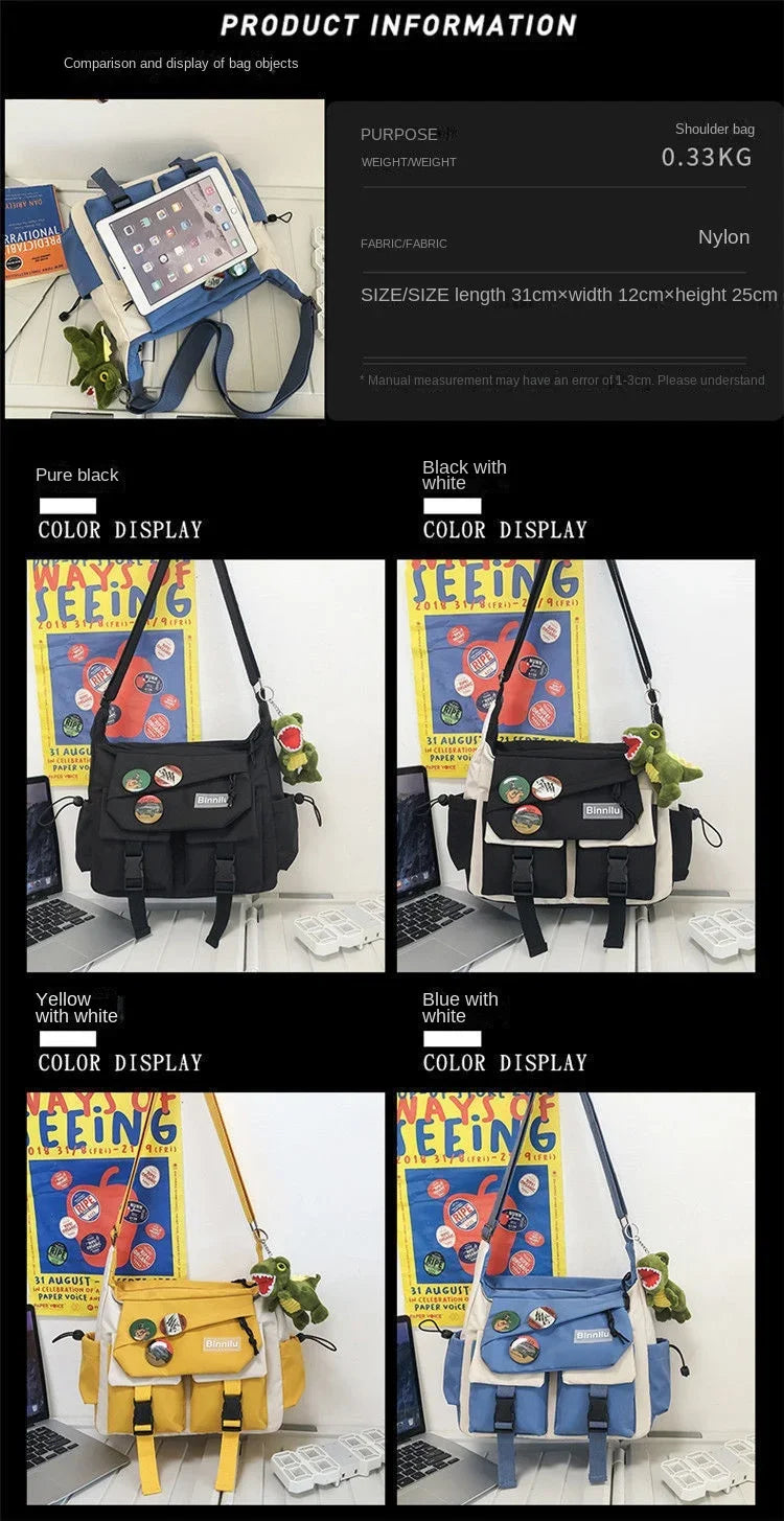 A comparison of a women's nylon crossbody shoulder bag in various colors and displays.