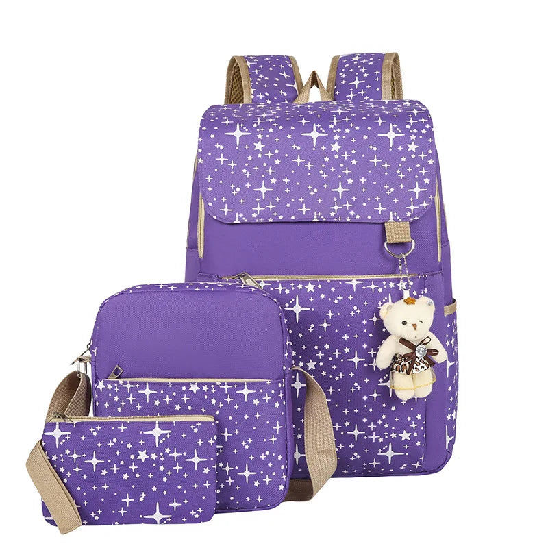 Purple durable canvas student backpack with a bear charm and gold accents