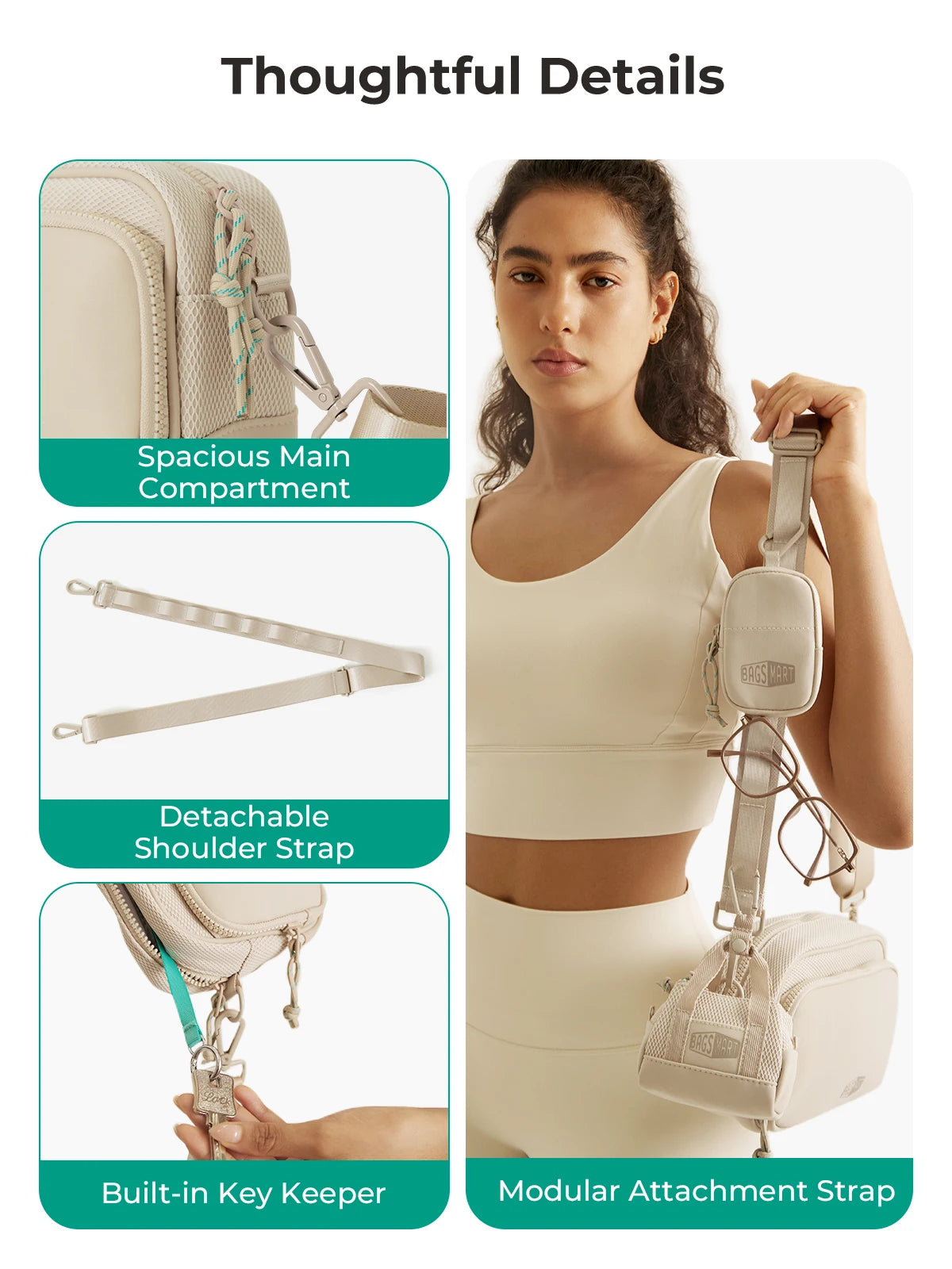 Eine Frau benutzt eine cremefarbene multifunktionale Crossbody-Tasche mit abnehmbaren Riemen und einem integrierten Schlüssel