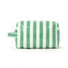 A striped waterproof cosmetic bag in green and white, shown horizontally.