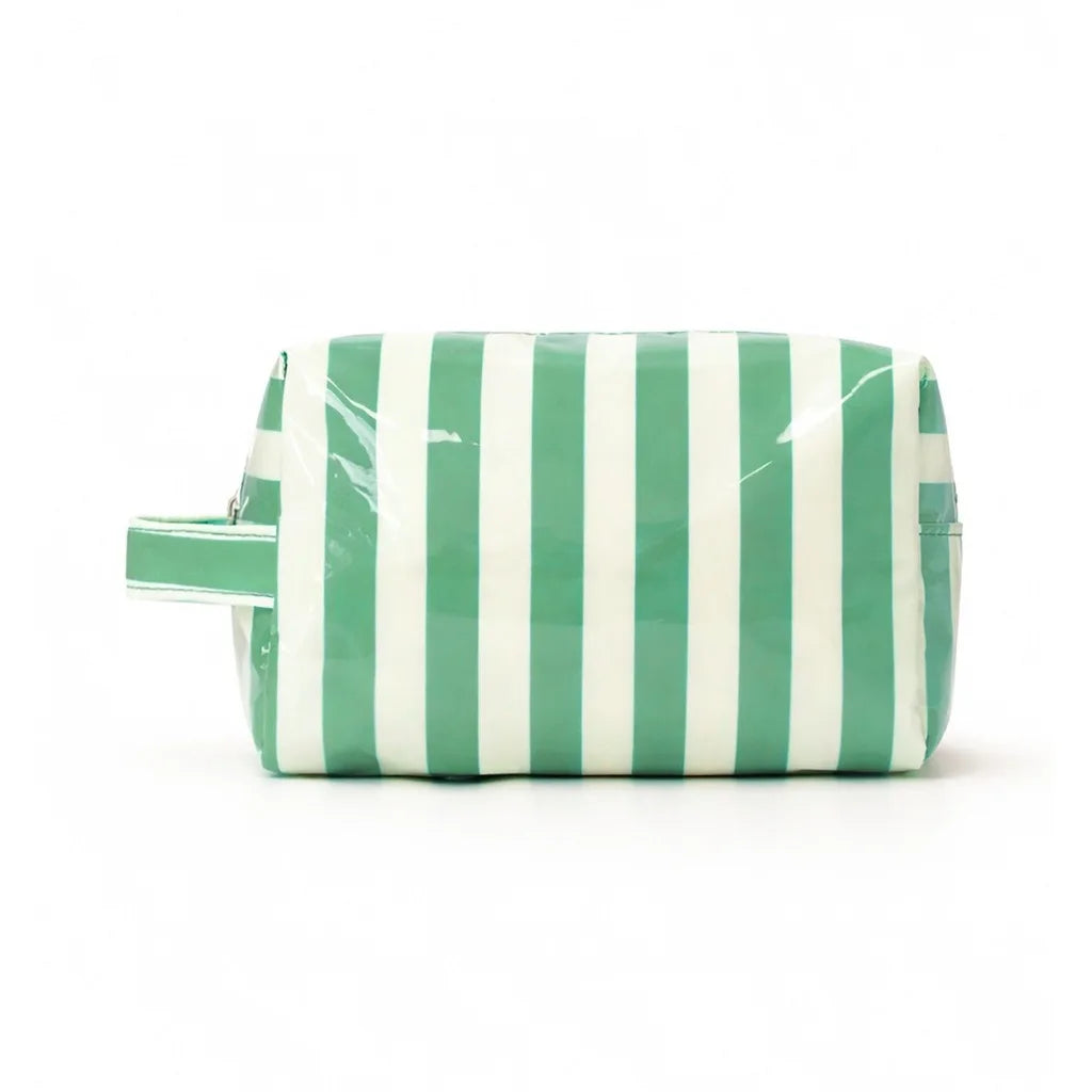 A striped waterproof cosmetic bag in green and white, shown horizontally.