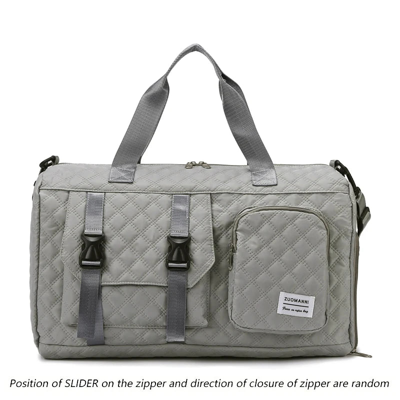 Gray nylon travel duffle bag with an argyle pattern featuring multiple straps and pockets