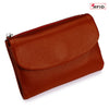 A brown genuine leather mini card holder wallet with a zipper closure.