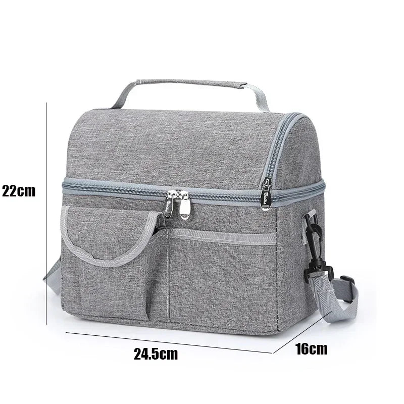 A gray reusable insulated lunch bag with a zippered compartment and strap, shown from the top view.