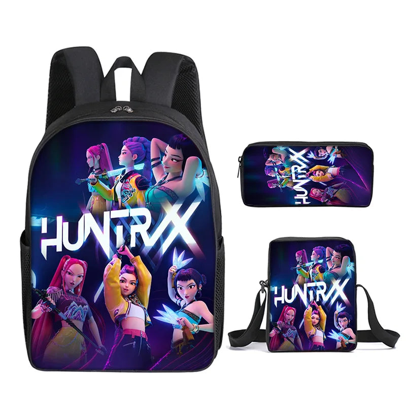A black backpack featuring Huntrix anime characters and vibrant purple and blue lighting.