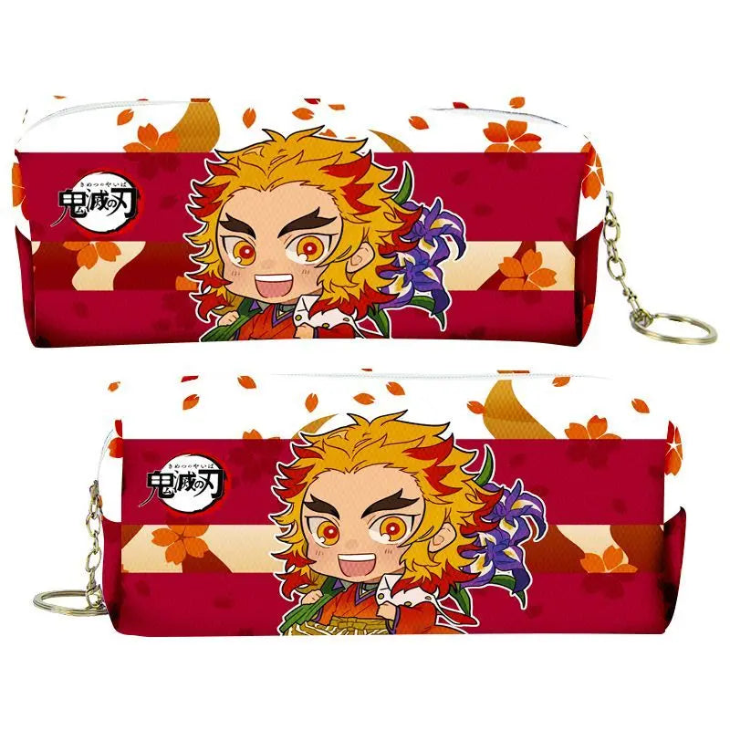 A red and black Demon Slayer themed PU leather pencil case with a zipper, featuring an illustration of Tanjiro Kamado.