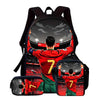 A red and green football player graphic on a backpack featuring a soccer field background.