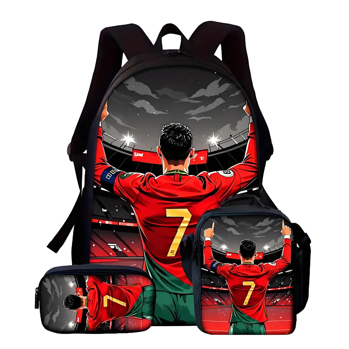 A red and green football player graphic on a backpack featuring a soccer field background.