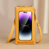 Geliges Leder-Handyetui mit klarem Fenster, das ein Smartphone zeigt, als multifunktionstiges Crossbody-Bag.