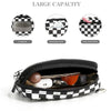 Black and white checkered multi-card wallet showing various interior compartments including an ID window, rear pocket, and fr