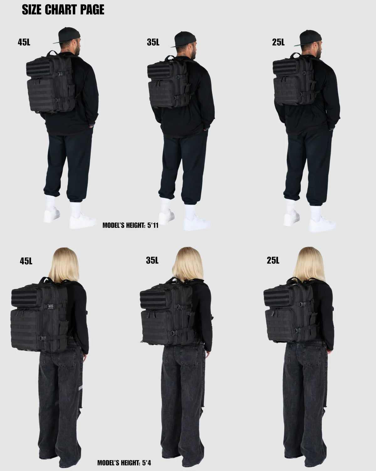 Size chart page showing models wearing 45L, 35L, and 25L tactical backpacks.