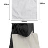A white canvas tote bag shown next to a person, with dimensions indicated.