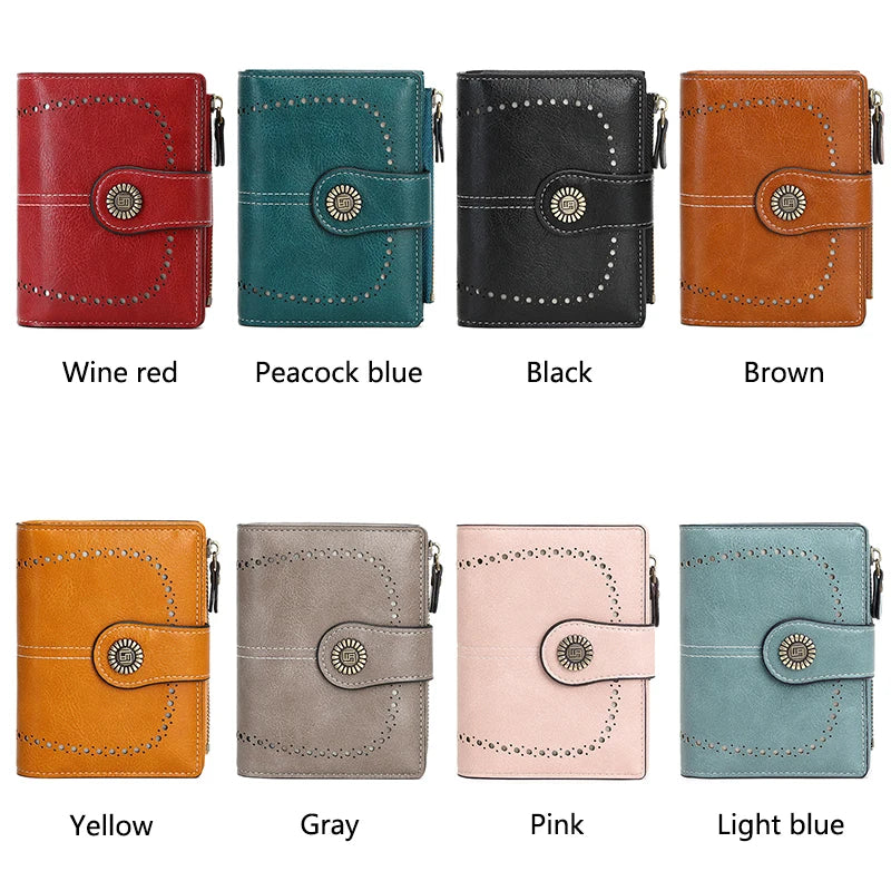 A collection of ten RFID anti-theft multi-card wallets in various colors including wine red, peacock blue, black, brown, yell