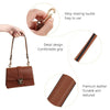 A brown leather handbag with a rotating buckle and textured strap shown alongside close-ups of the hardware and material.