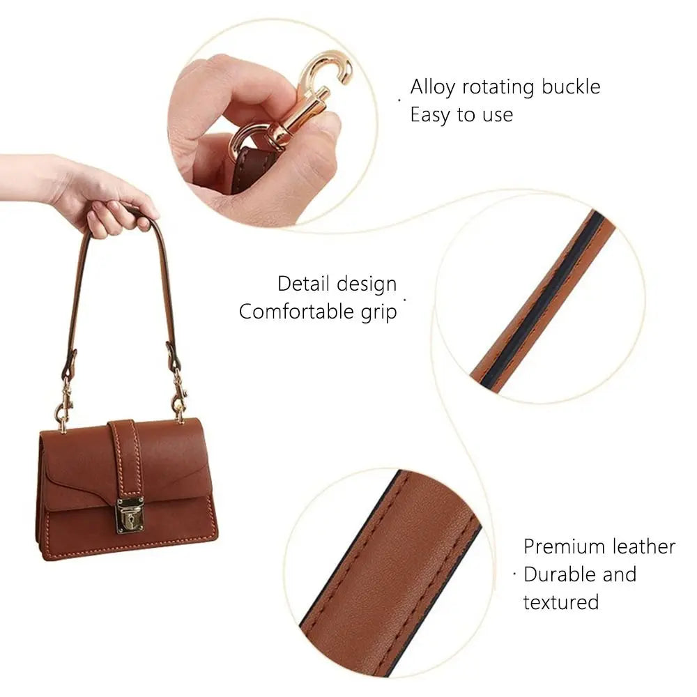 A brown leather handbag with a rotating buckle and textured strap shown alongside close-ups of the hardware and material.