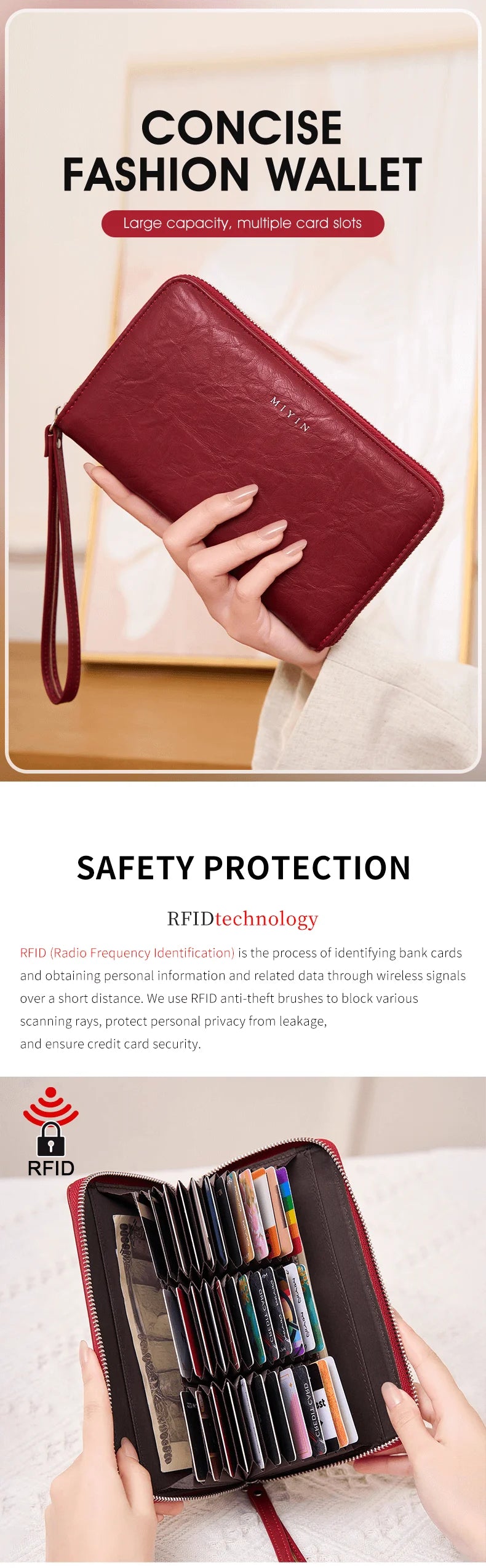 A close-up of a maroon PU leather fashion wallet with a zipper closure being held by a hand.
