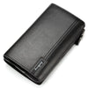 A black leather men's business handbag clip wallet shown from above.