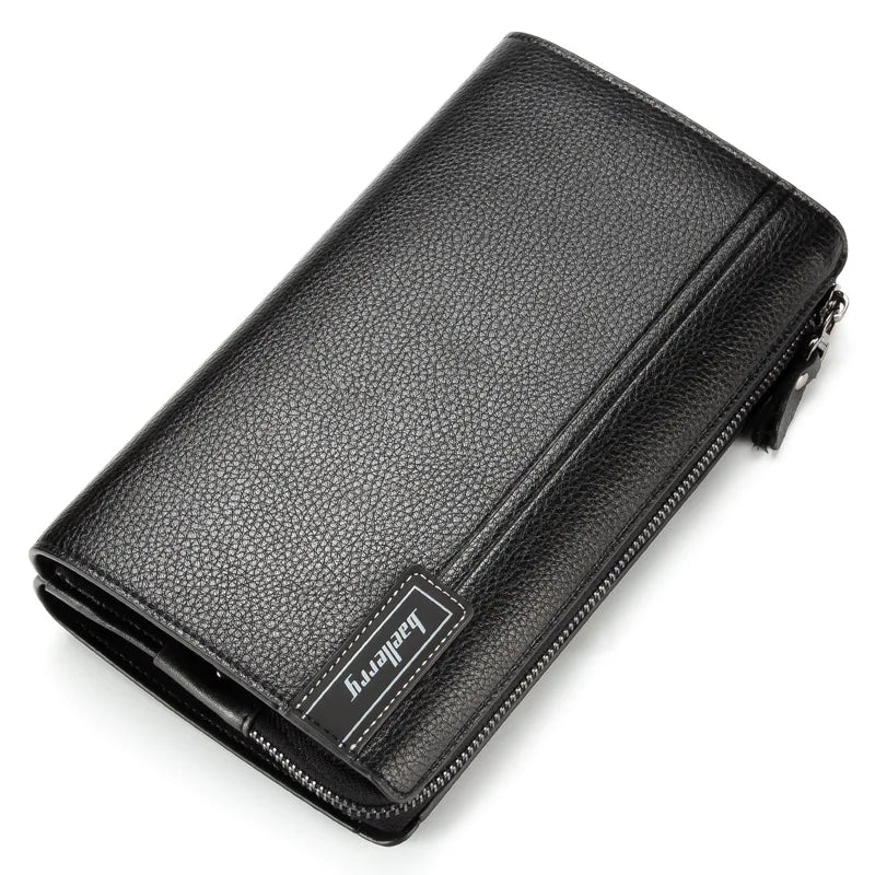 A black leather men's business handbag clip wallet shown from above.