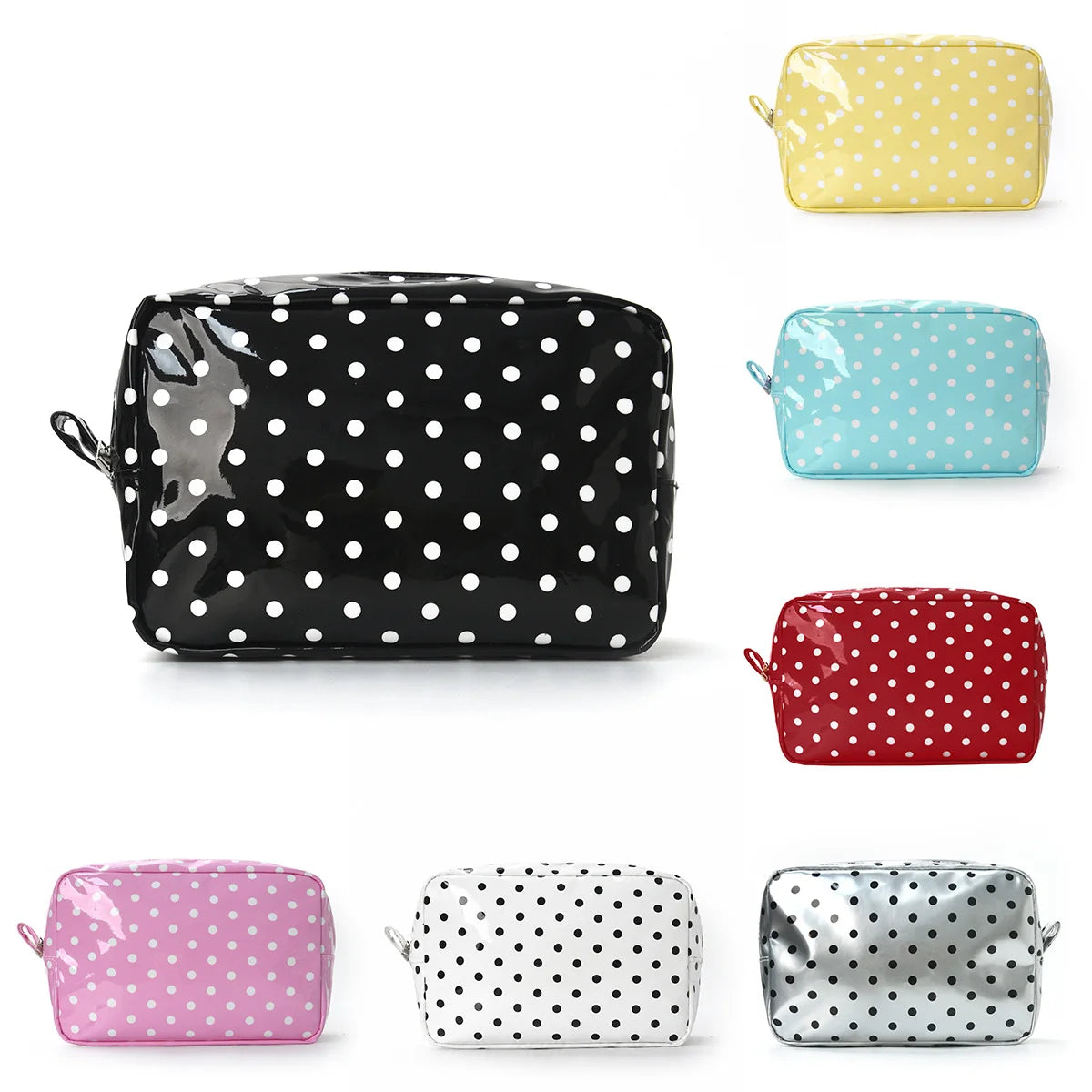 A collection of waterproof cosmetic storage bags in various colors including yellow, blue, red, pink, and silver.