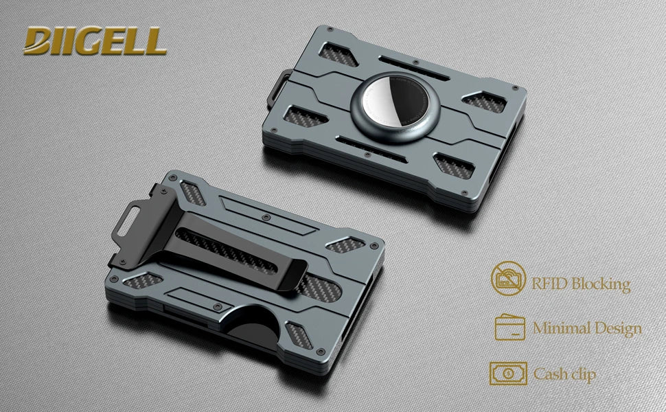 A silver metal card holder designed for RFID blocking and featuring a cash clip.