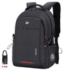 Sac à dos d'ordinateur portable noir suisse anti-vol, vu de l'arrière avec une sangle et une petite étiquette cadeau.