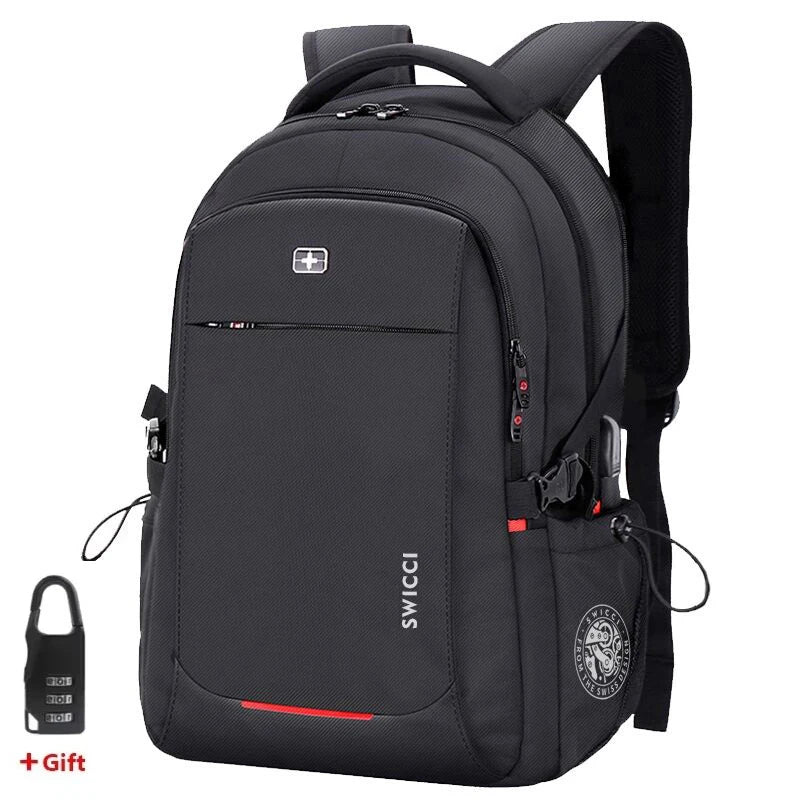 Sac à dos d'ordinateur portable noir suisse anti-vol, vu de l'arrière avec une sangle et une petite étiquette cadeau.