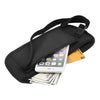 Black invisible waist pack designed for travel and security, shown with a smartphone and cash.