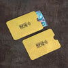 Yellow RFID protection card sleeves with a wireless signal icon and a blue card nearby.