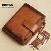 Brown classic retro leather wallet shown open with cards inside on a beige background