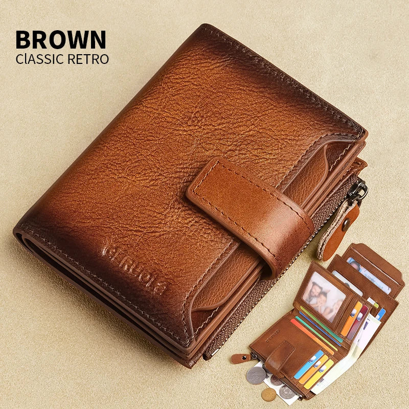Brown classic retro leather wallet shown open with cards inside on a beige background
