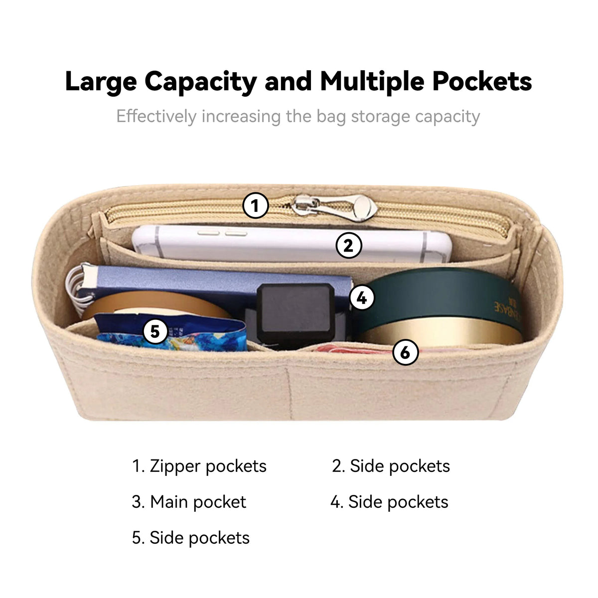 A beige felt insert bag organizer showing multiple pockets for storing small items like pens and accessories.