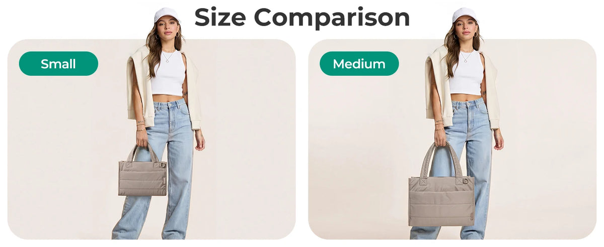 Größenvergleich: Kleine und mittlere beige Einkaufstasche, getragen von einem Model.