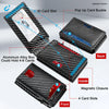 A black carbon fiber slim wallet showing various features like an ID card slot, pop up card buckle, and magnetic closure.