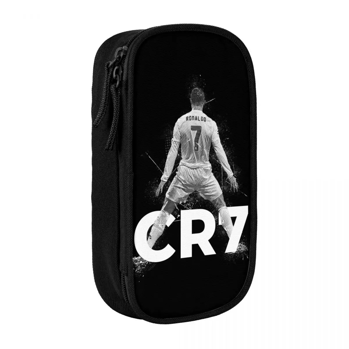 Black pencil case featuring a graphic of a soccer player in a white uniform with the text CRY