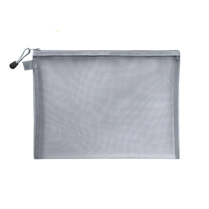 Gray clear mesh zipper pouch for storing A4, A5, or A6 documents.