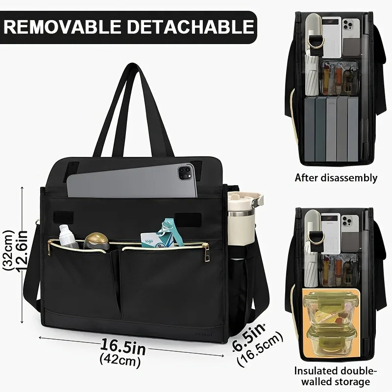 Black removable detachable insulated laptop lunch tote with multiple storage compartments