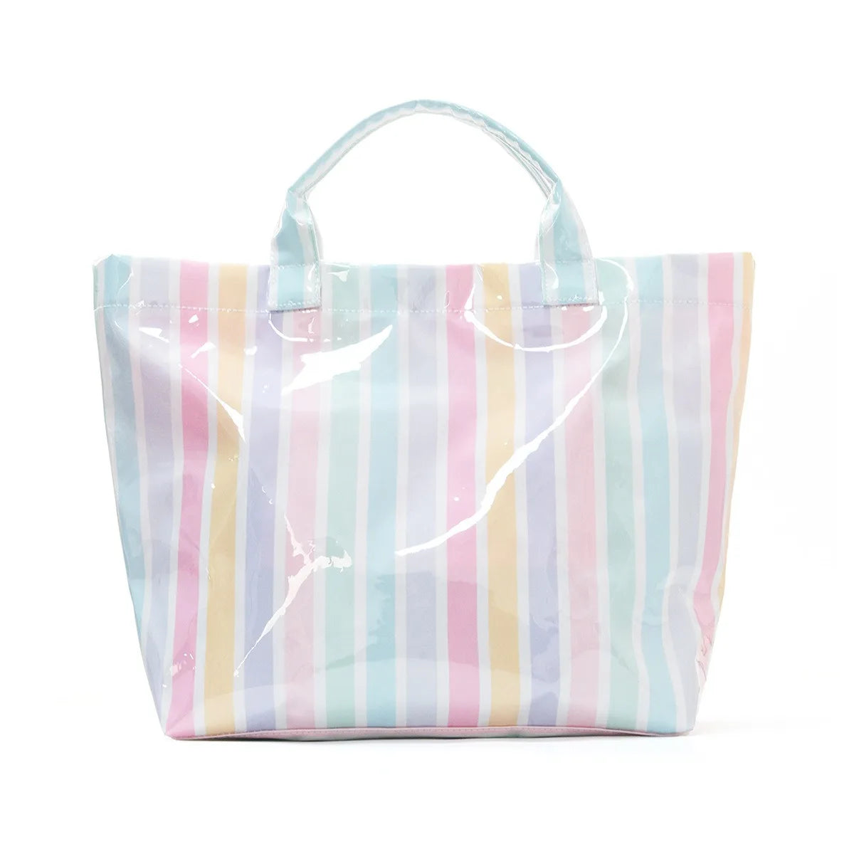 A clear plastic tote bag with vertical pastel stripes of pink, blue, and yellow.