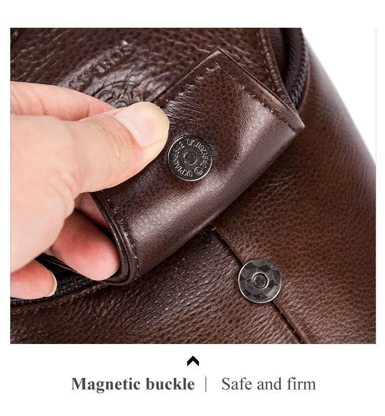 Close-up of a brown leather strap with a magnetic buckle on a men's crossbody messenger bag