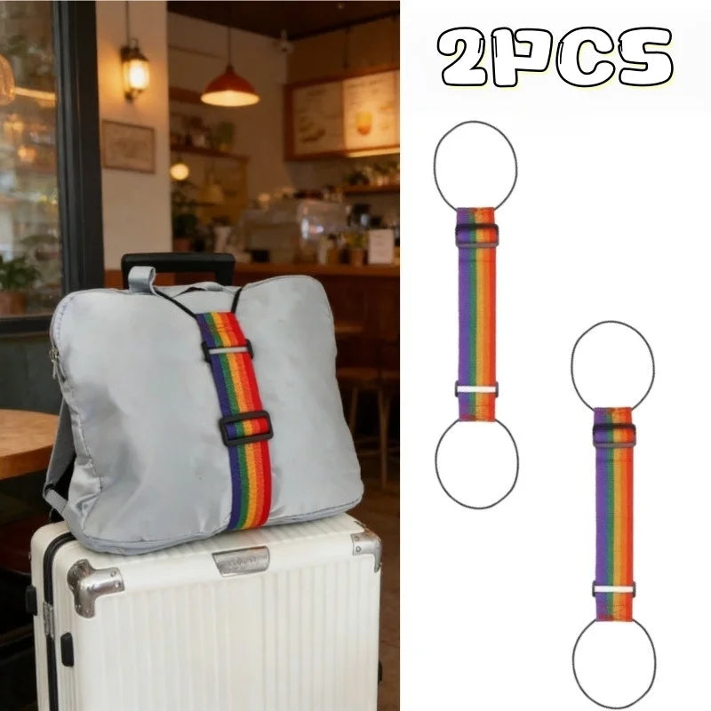 Two heavy-duty nylon luggage straps with colorful striped grips for secure travel