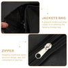 Close-up view of a black fabric jacket bag featuring a zipper closure for storing clothing.