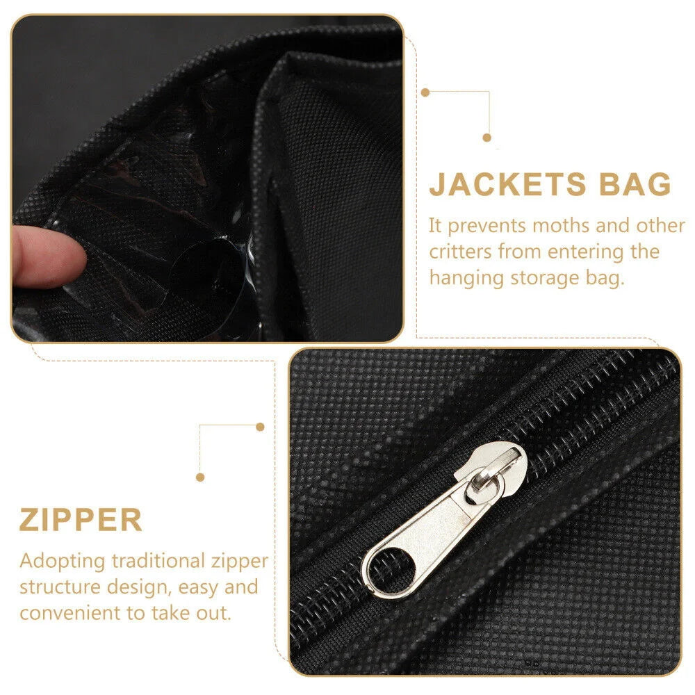 Close-up view of a black fabric jacket bag featuring a zipper closure for storing clothing.