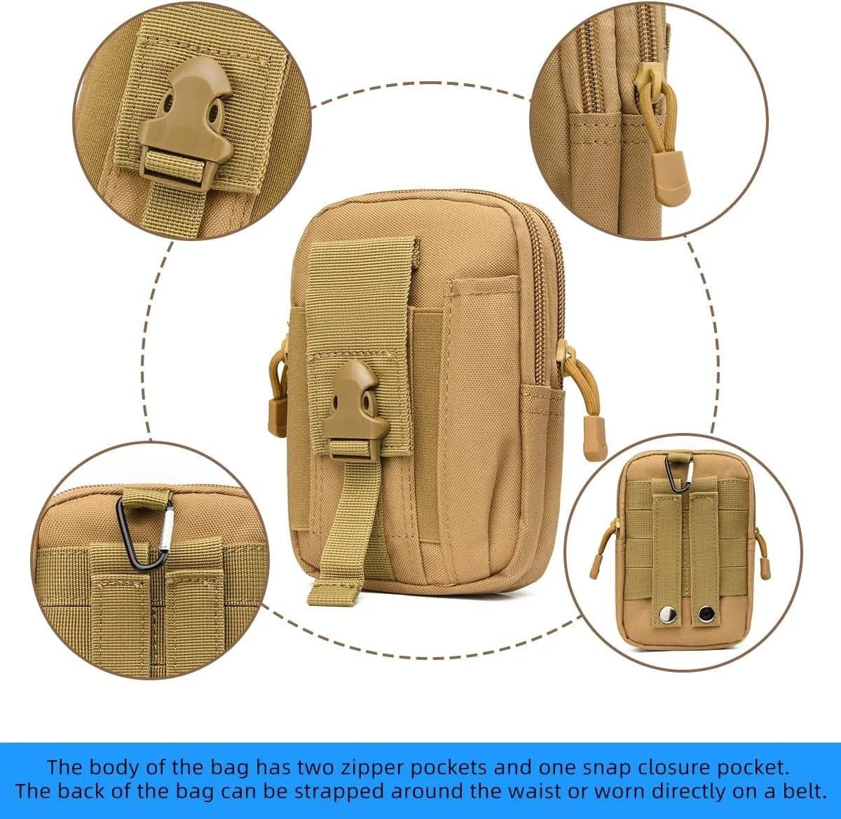 Tan tactical camo leg bag fanny pack with zipper pockets and snap closure