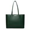 A dark green leather shoulder bag with a canvas strap shown against a white background.
