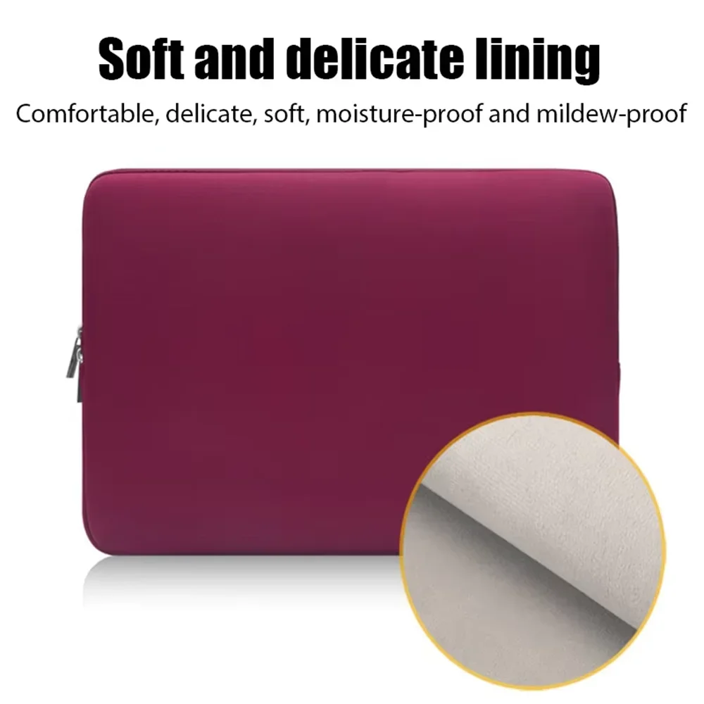 A close-up view of a maroon laptop sleeve showing the soft and delicate lining material.