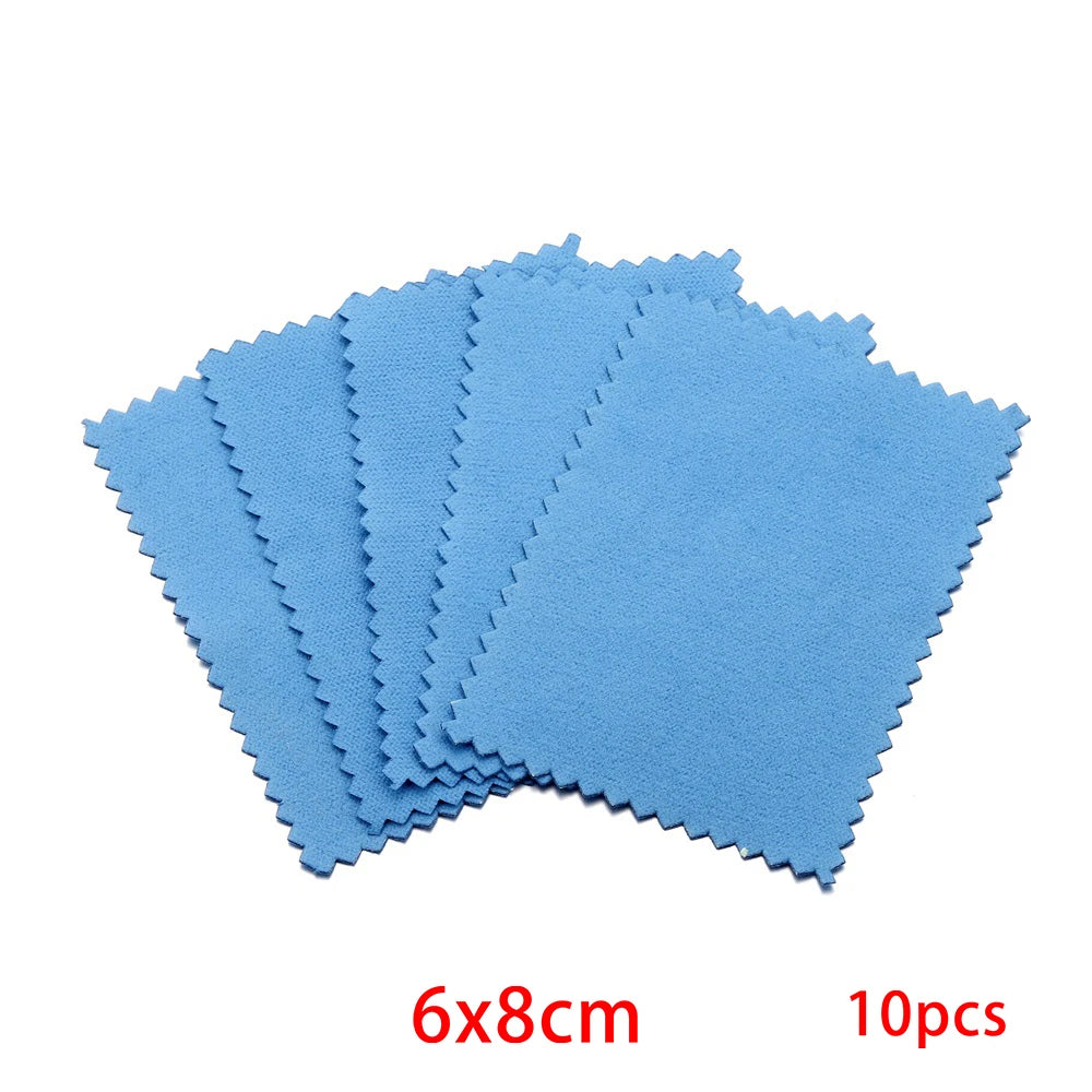 A set of ten blue polishing cloths, measuring 6x8cm each.