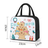 A black insulated lunch bag featuring a cartoon capybara design with festive elements.