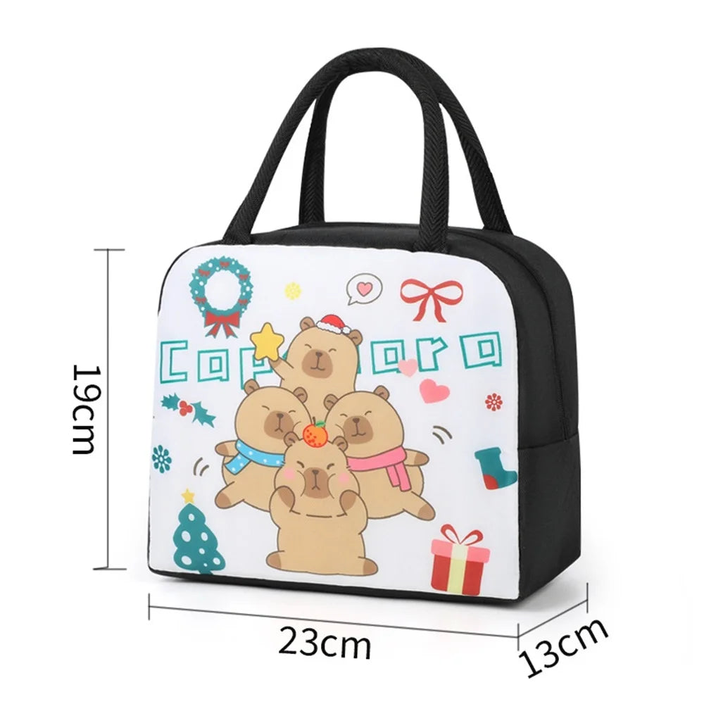 A black insulated lunch bag featuring a cartoon capybara design with festive elements.